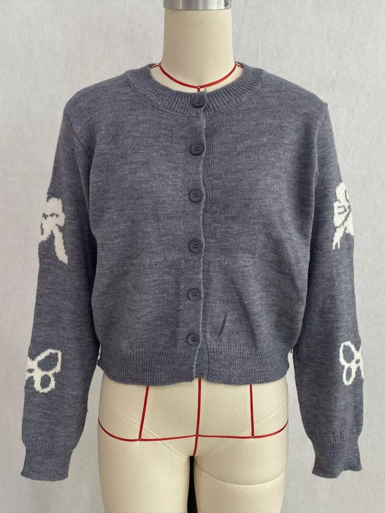 Floral Crew Neck Cropped Knit Cardigan