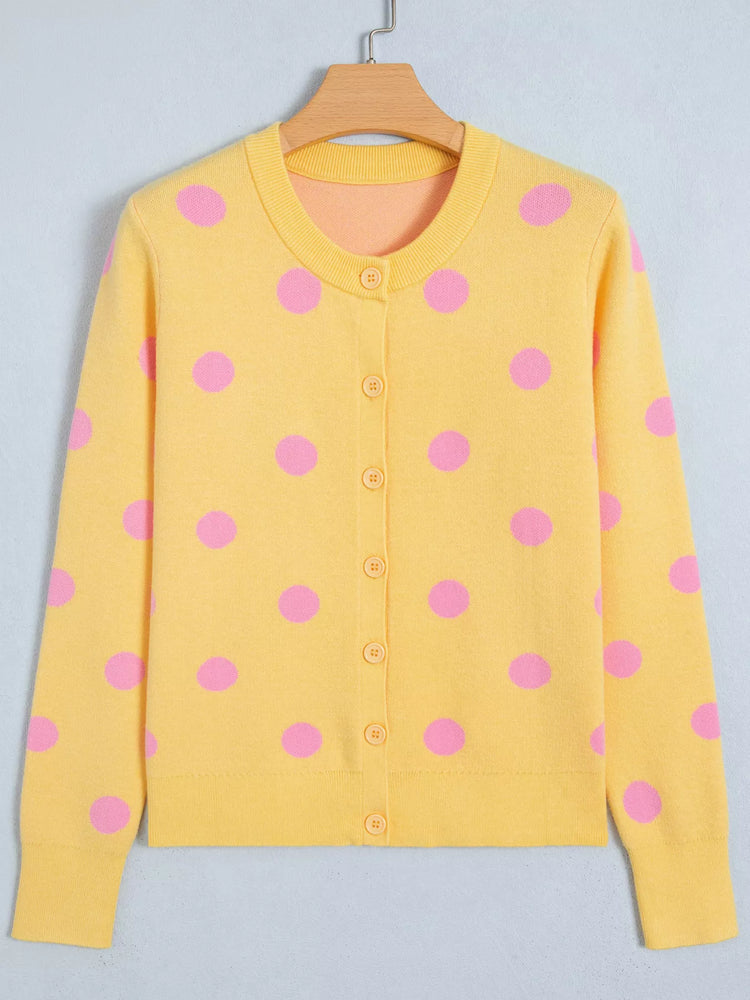 Casual Polka Dot Button Front Long Sleeve Sweater Cardigan