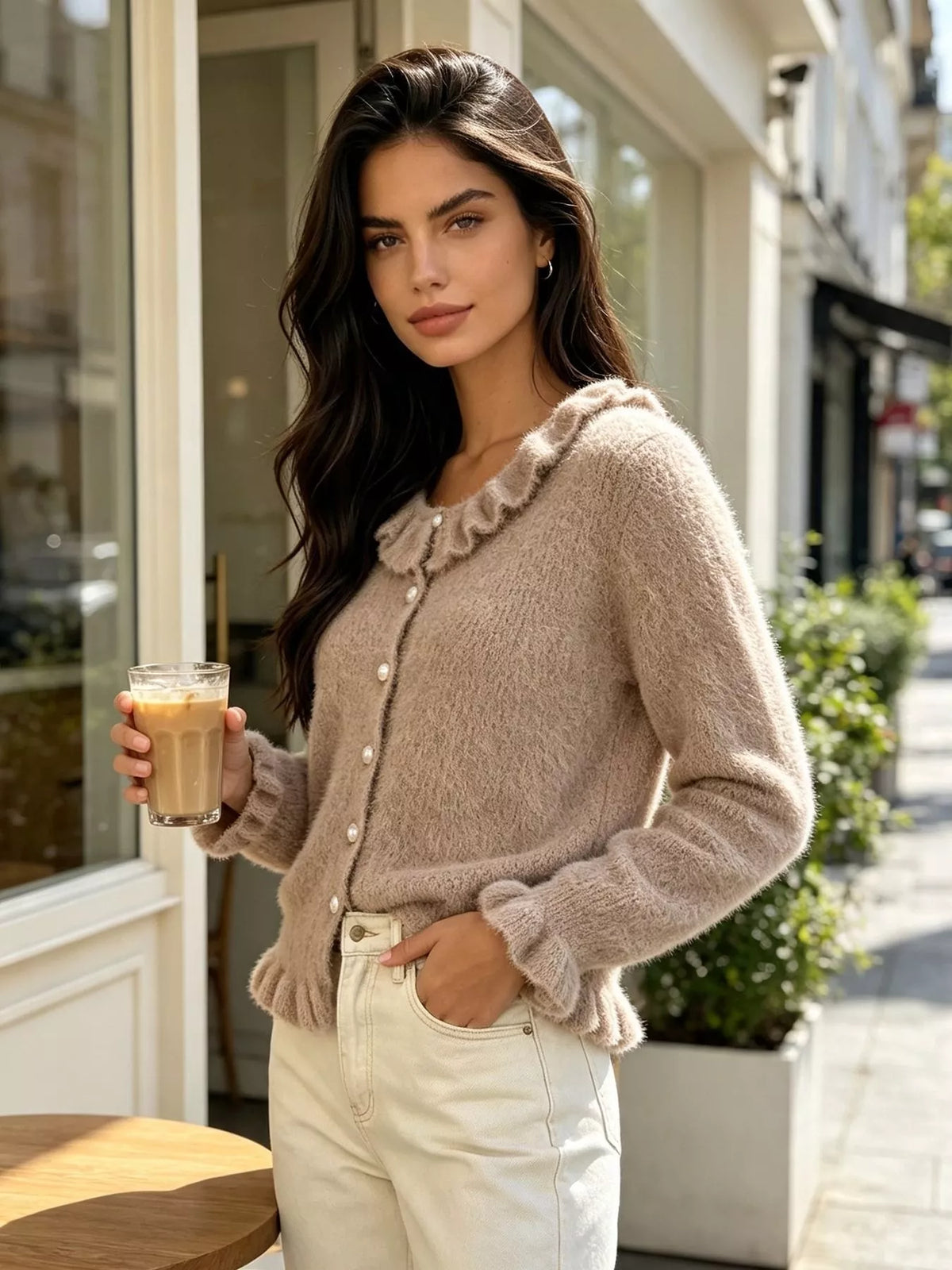 Soft Fuzzy Cardigan with Ruffled Collar and Pearl Buttons