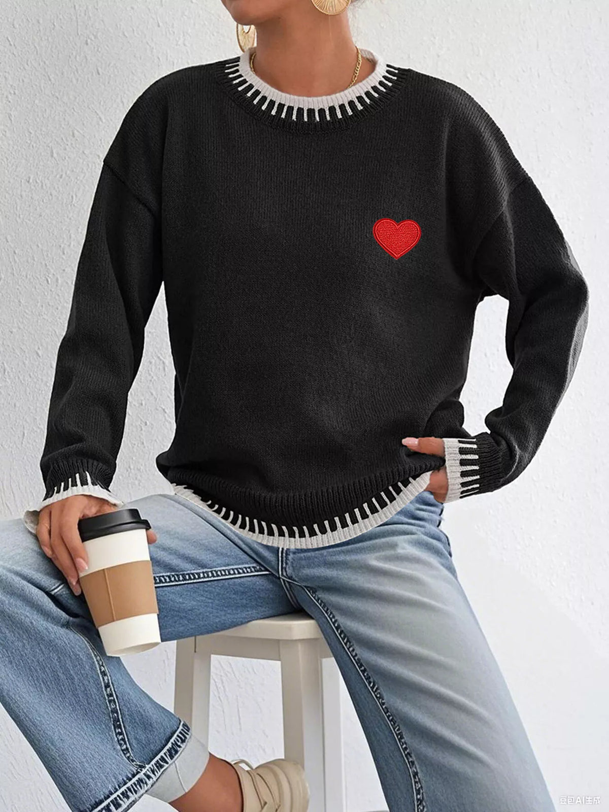 Heart-Embroidered Contrast Trim Sweater
