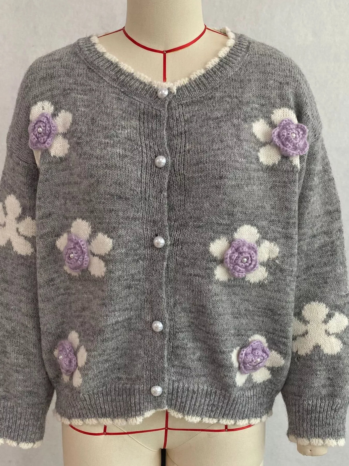 Floral Applique Button-Down Knit Cardigan