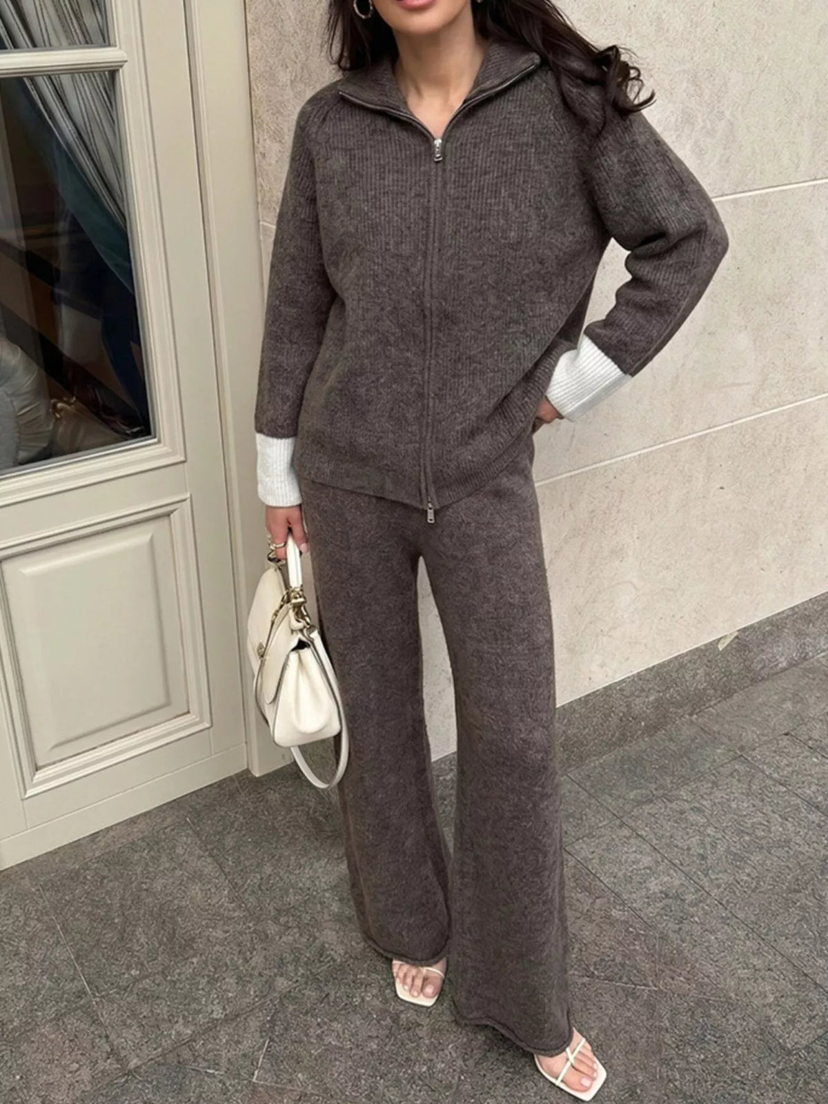 Zip-Up Contrast Cuff Cardigan and Pants Sweater Set