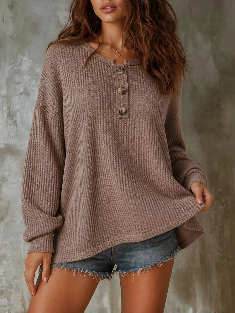 Button Detail Dropped Shoulder Knit Top
