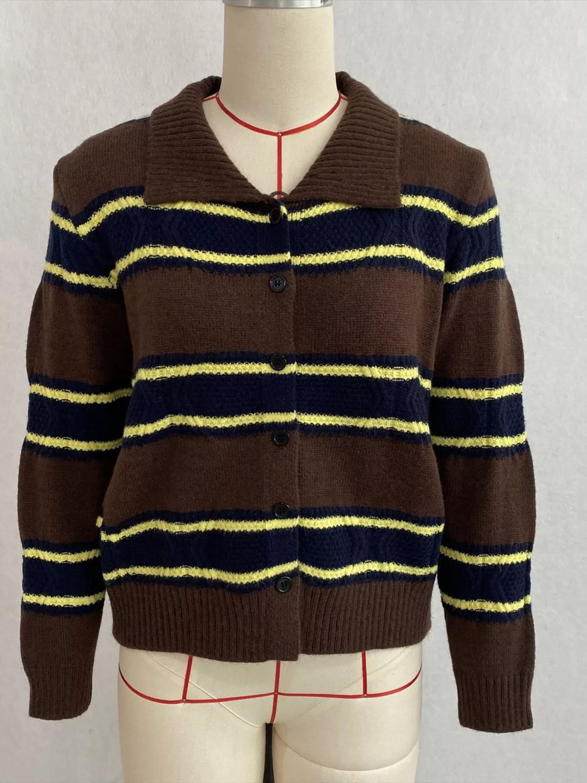 Vintage-Inspired Striped Knit Cardigan with Polo Collar