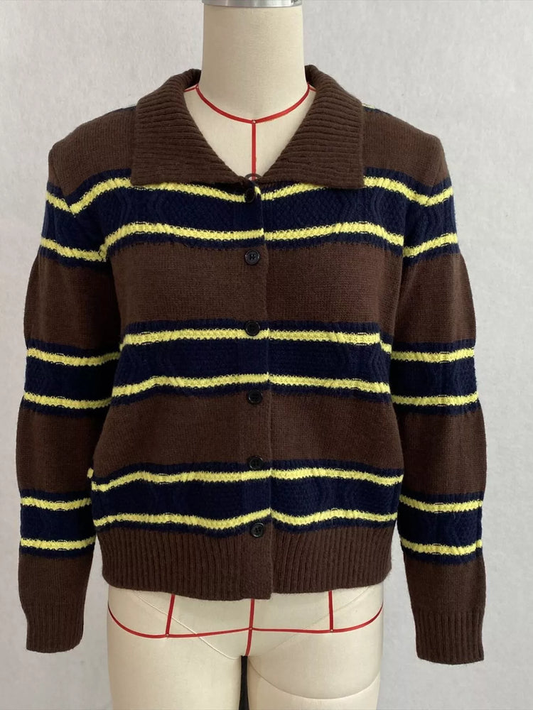 Vintage-Inspired Striped Knit Cardigan with Polo Collar