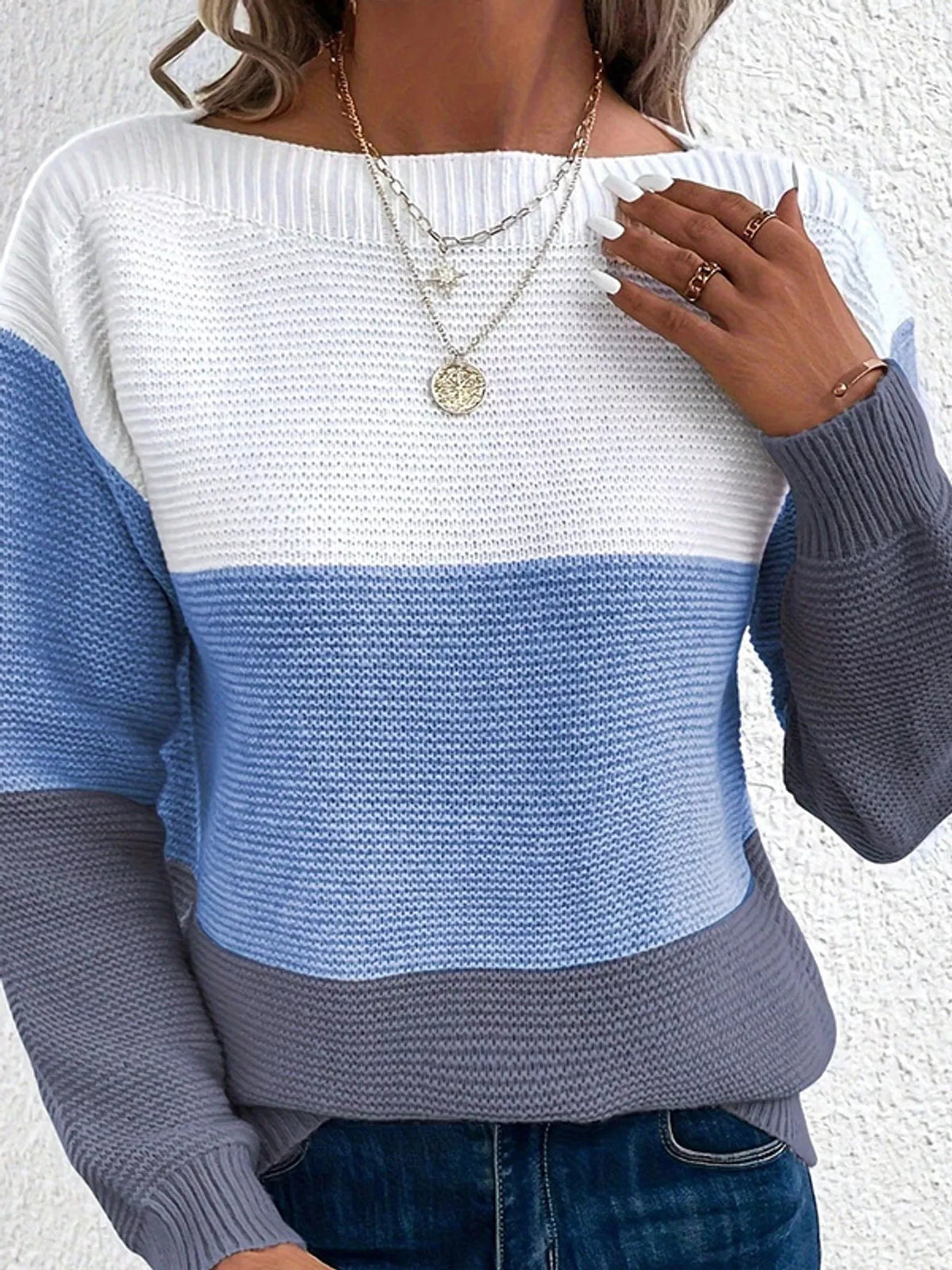 Full Size Color-Block Boat Neck Sweater Plus Size
