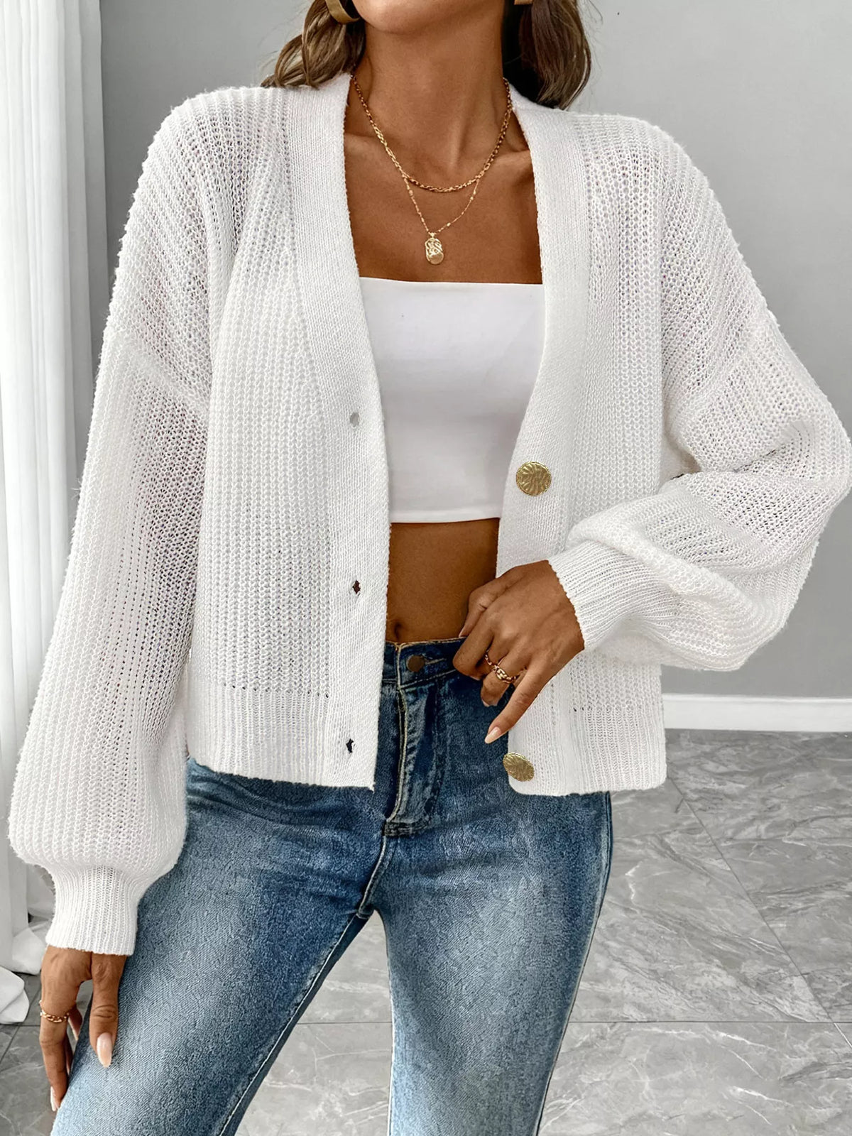 Elegant V-Neck Button-Down Ribbed Knit Cardigan