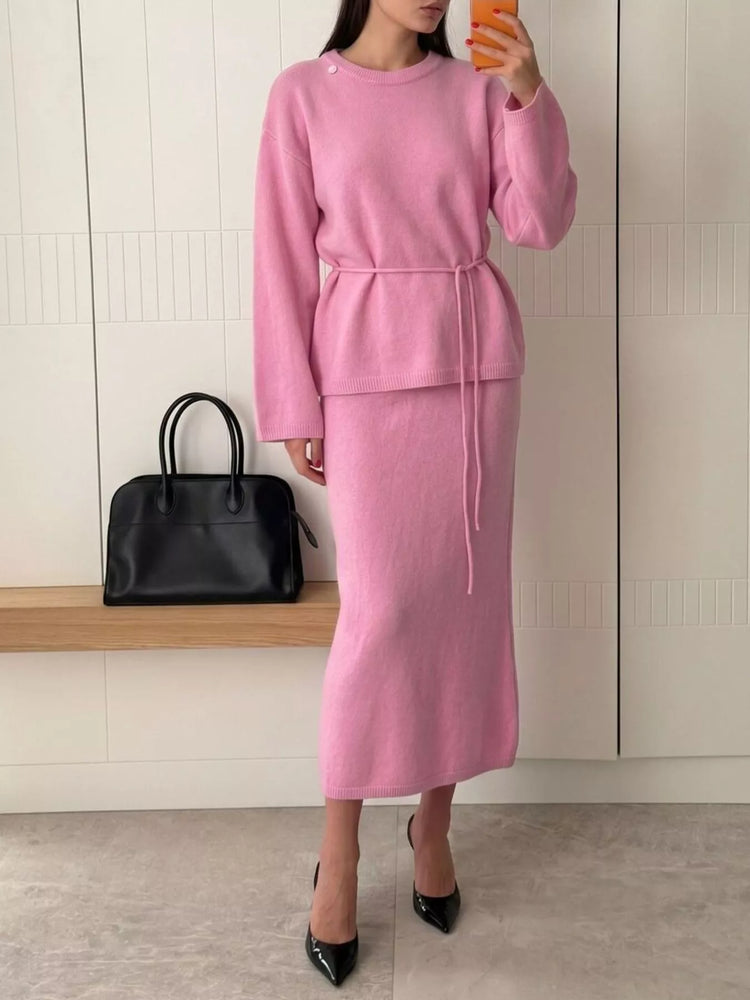 Waist-Tie Detail Sweater and Maxi Skirt Set