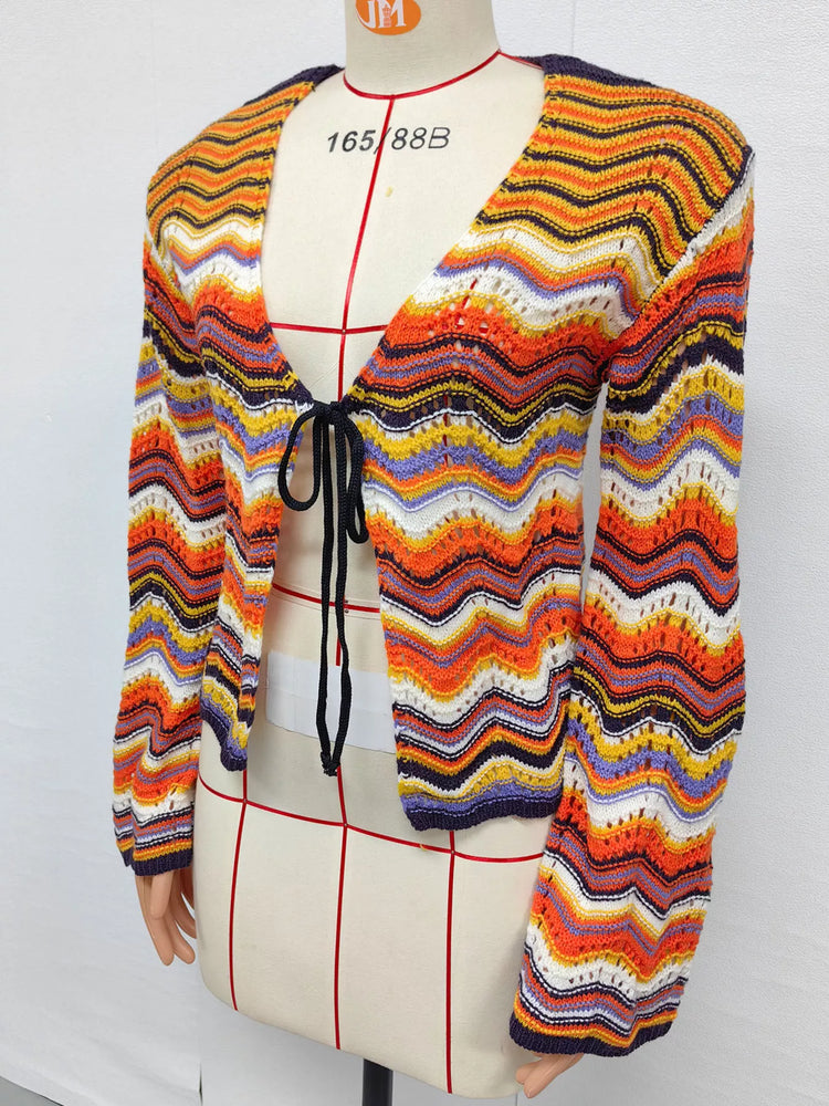 Vibrant Chevron Striped Tie-Front Knit Cardigan