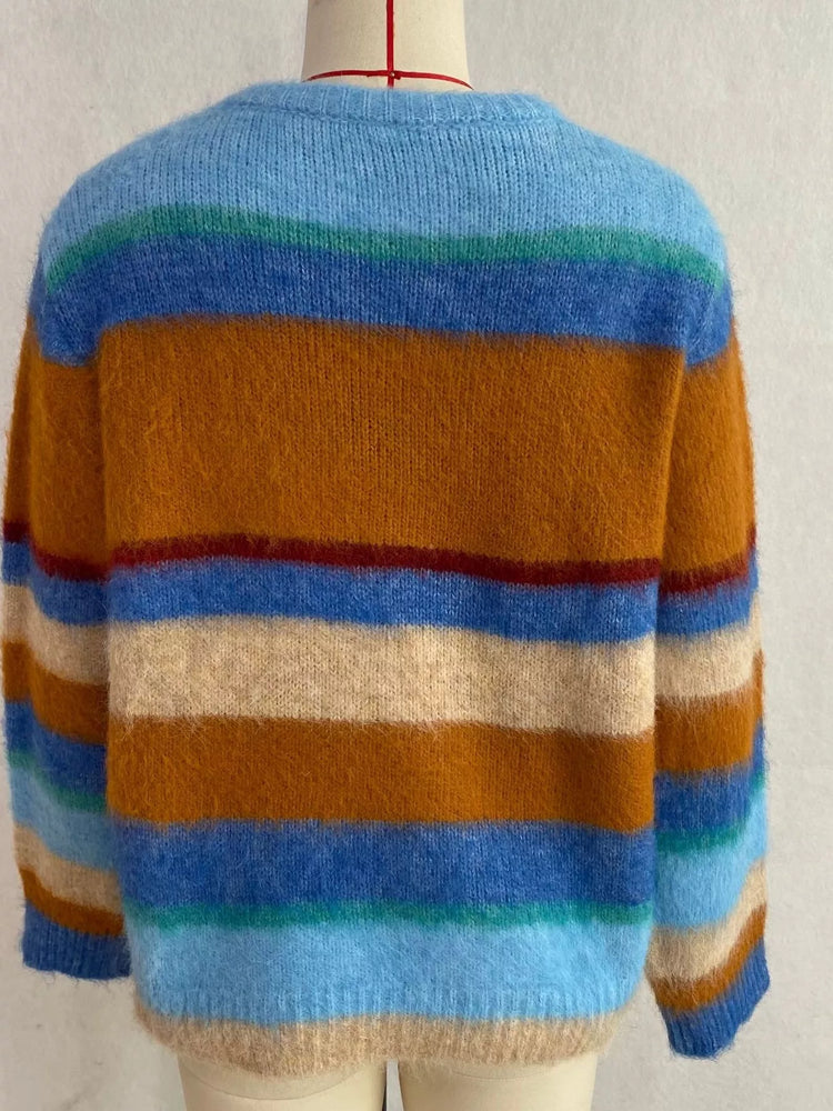 Fuzzy Striped Crew Neck Sweater