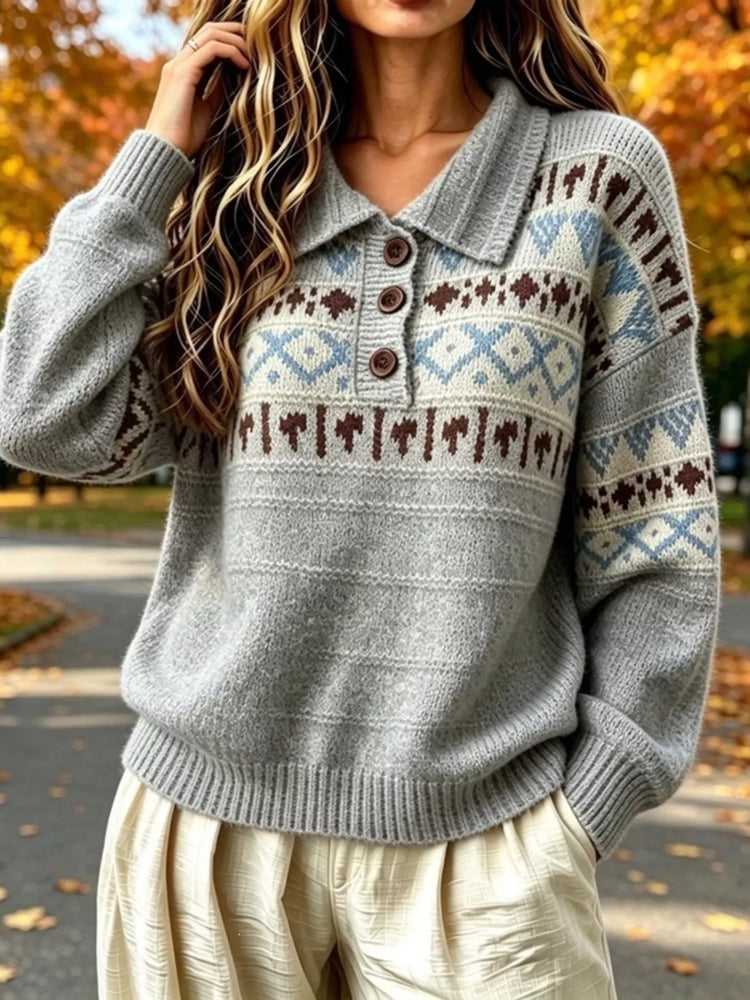 Full Size Vintage Fair Isle Pattern Polo Collar Sweater Plus Size