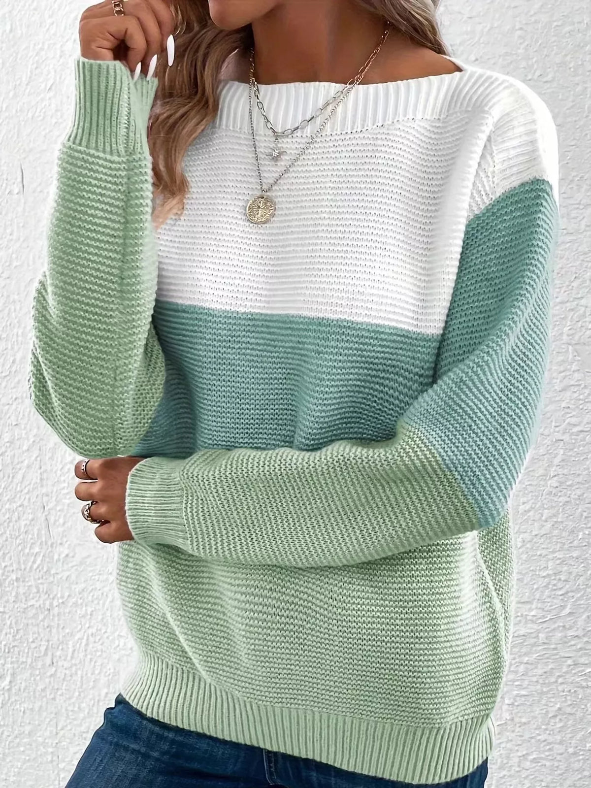 Full Size Color-Block Boat Neck Sweater Plus Size