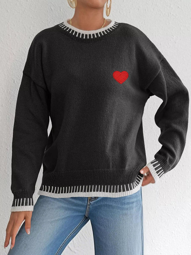 Heart-Embroidered Contrast Trim Sweater