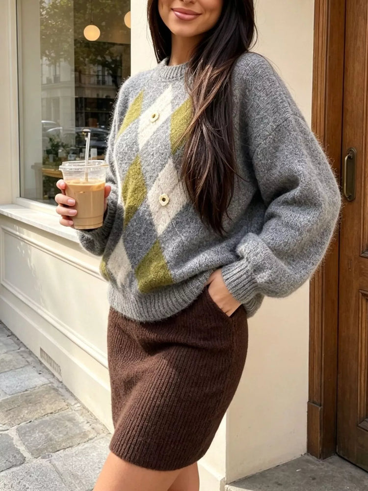 Argyle Pattern Raglan Sleeve Sweater