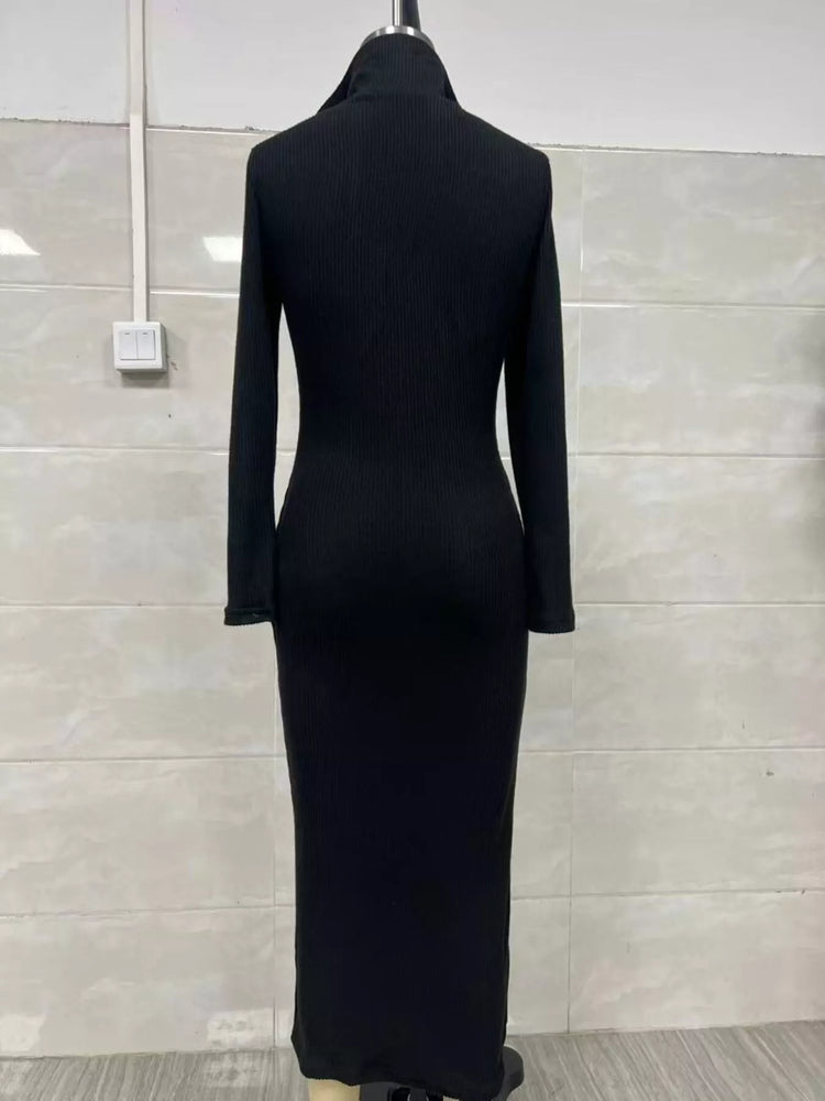 Ribbed Knit V-Neck Sweater Dress