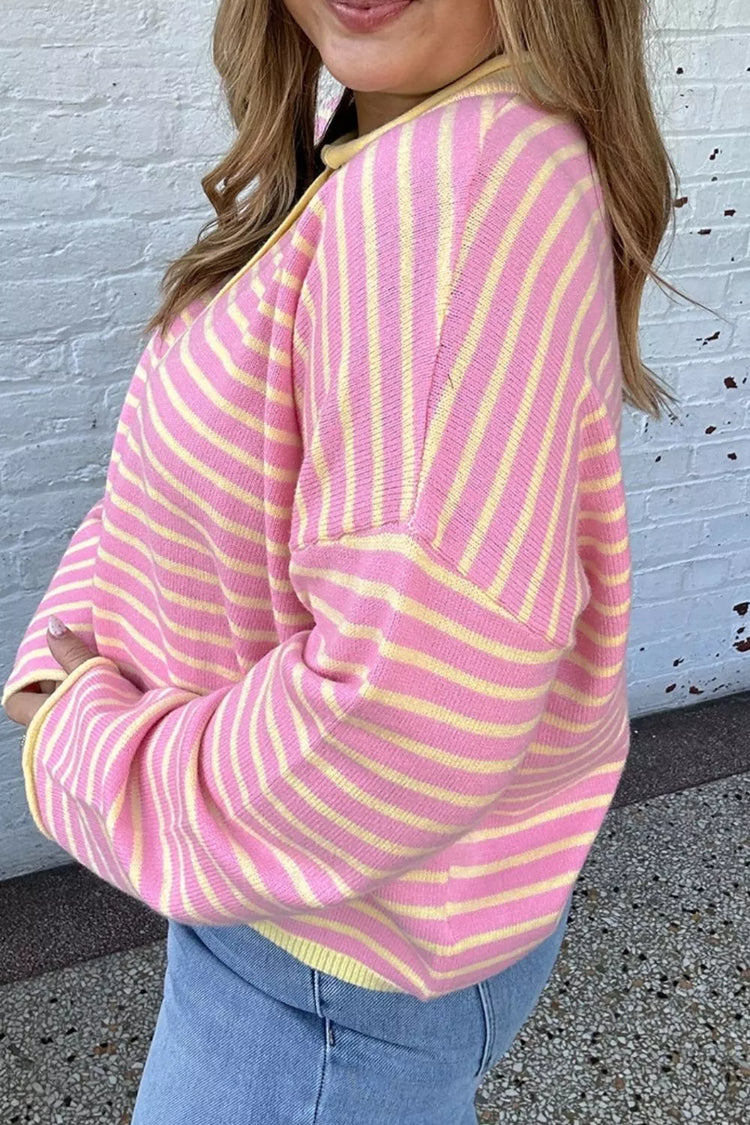 Plus Size Striped Long Sleeve Button Detail Sweater