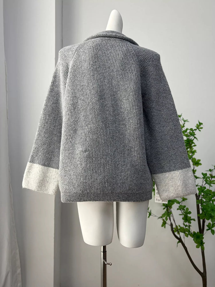 Zip-Up Contrast Cuff Cardigan and Pants Sweater Set