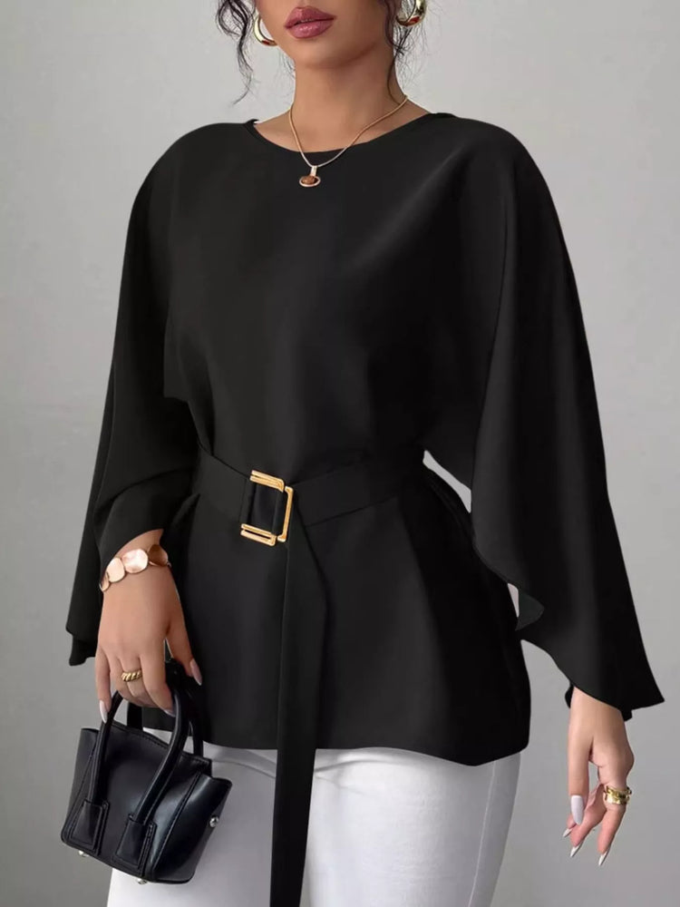Round Neck Belt Batwing Sleeve Blouse