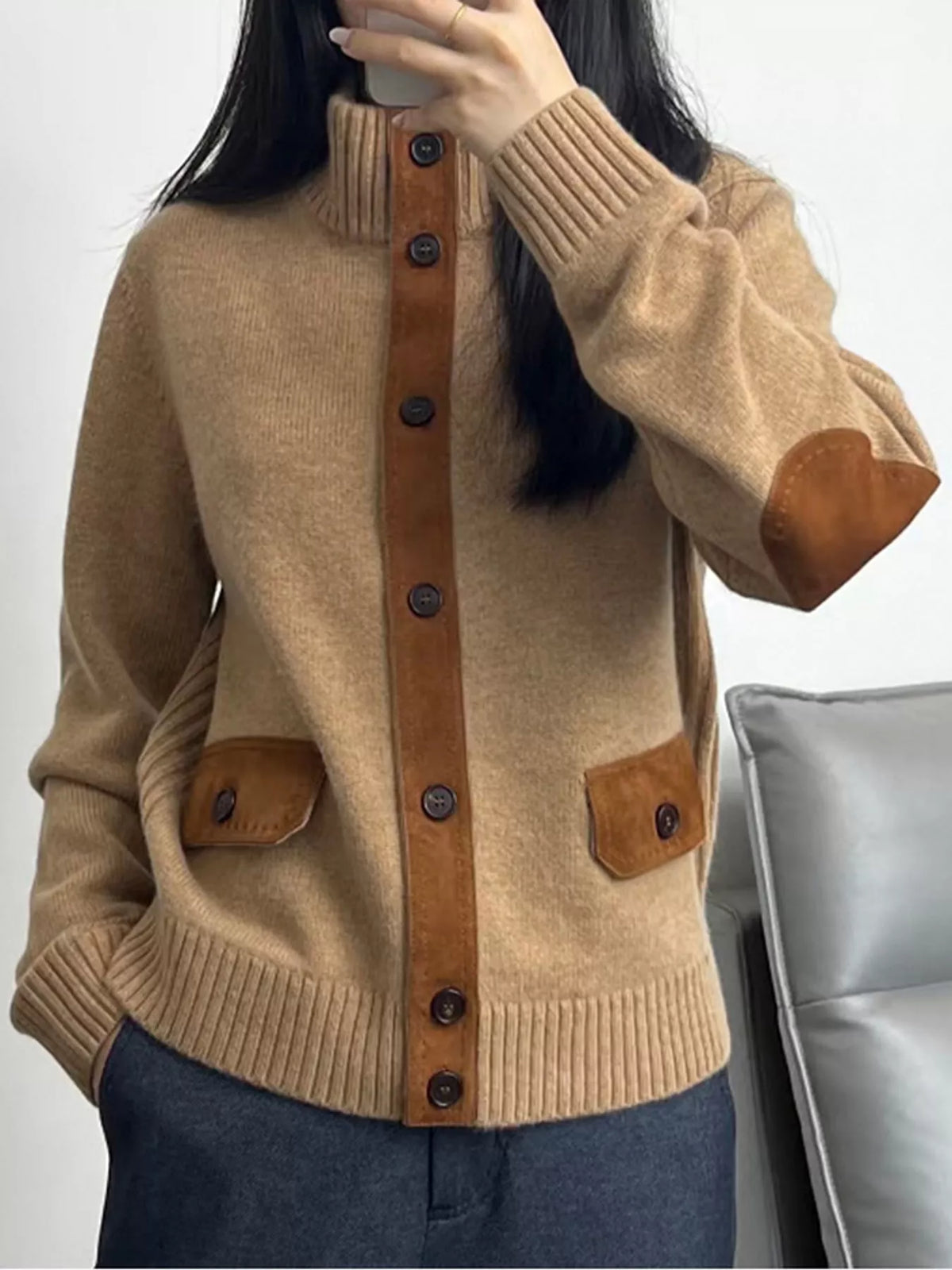 Ribbed-Knit Mock Neck Cardigan