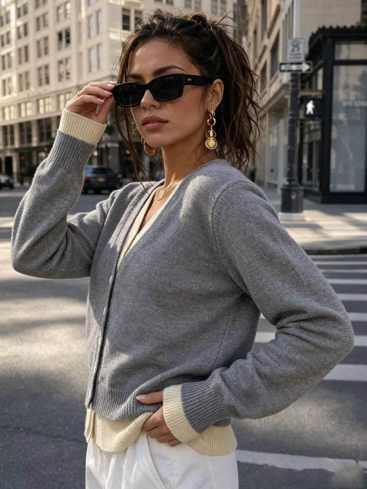 V-Neck Button-Down Contrast Layered Cardigan