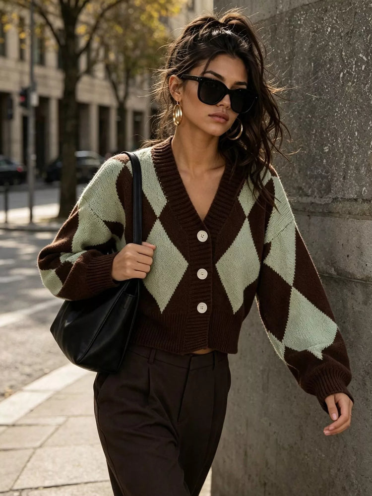 Argyle Pattern V-Neck Button-Down Cardigan