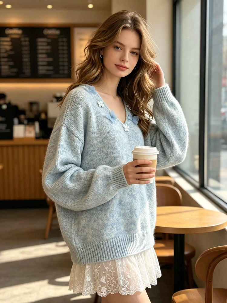 V-Neck Floral Applique Lace Hem Sweater