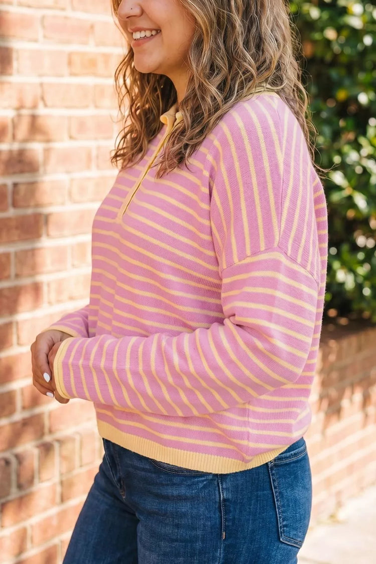 Plus Size Striped Long Sleeve Button Detail Sweater