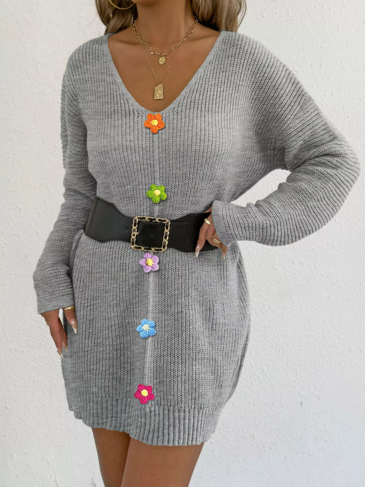 V-Neck Ribbed Sweater Dress with Floral Appliques