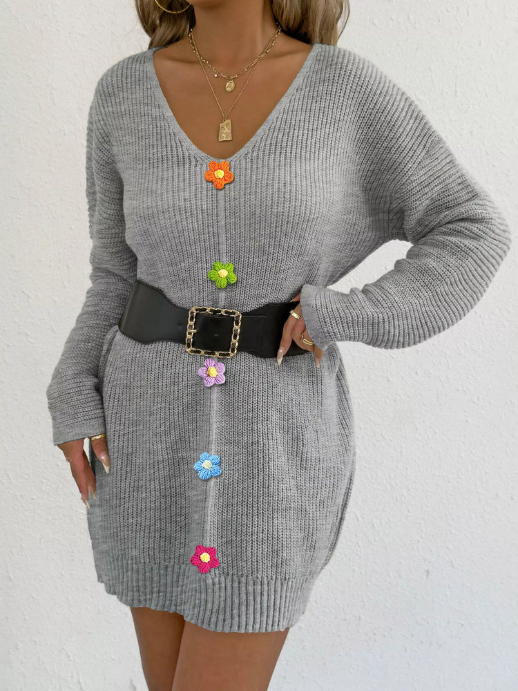 V-Neck Ribbed Sweater Dress with Floral Appliques