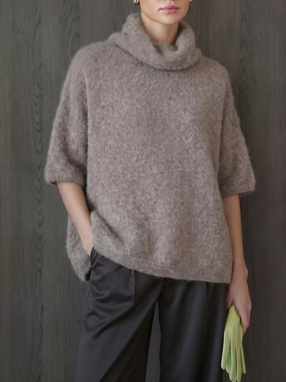 Turtleneck Fuzzy Short Sleeve Sweater