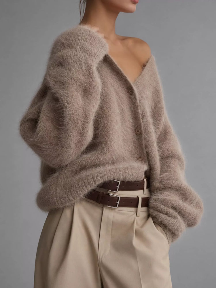Fuzzy V-Neck Button-Down Cardigan