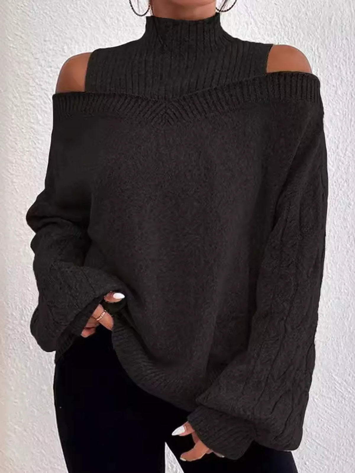 Full Size Cold Shoulder Mock Neck Cable Knit Sweater Plus Size