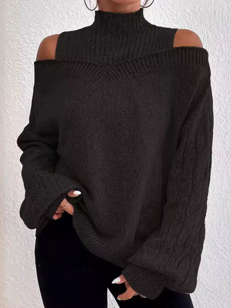 Full Size Cold Shoulder Mock Neck Cable Knit Sweater Plus Size