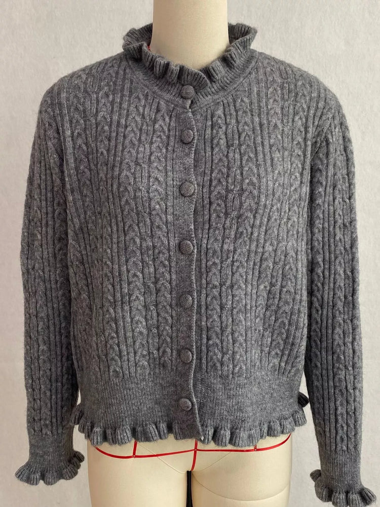Cable-Knit Ruffle-Trim Cardigan