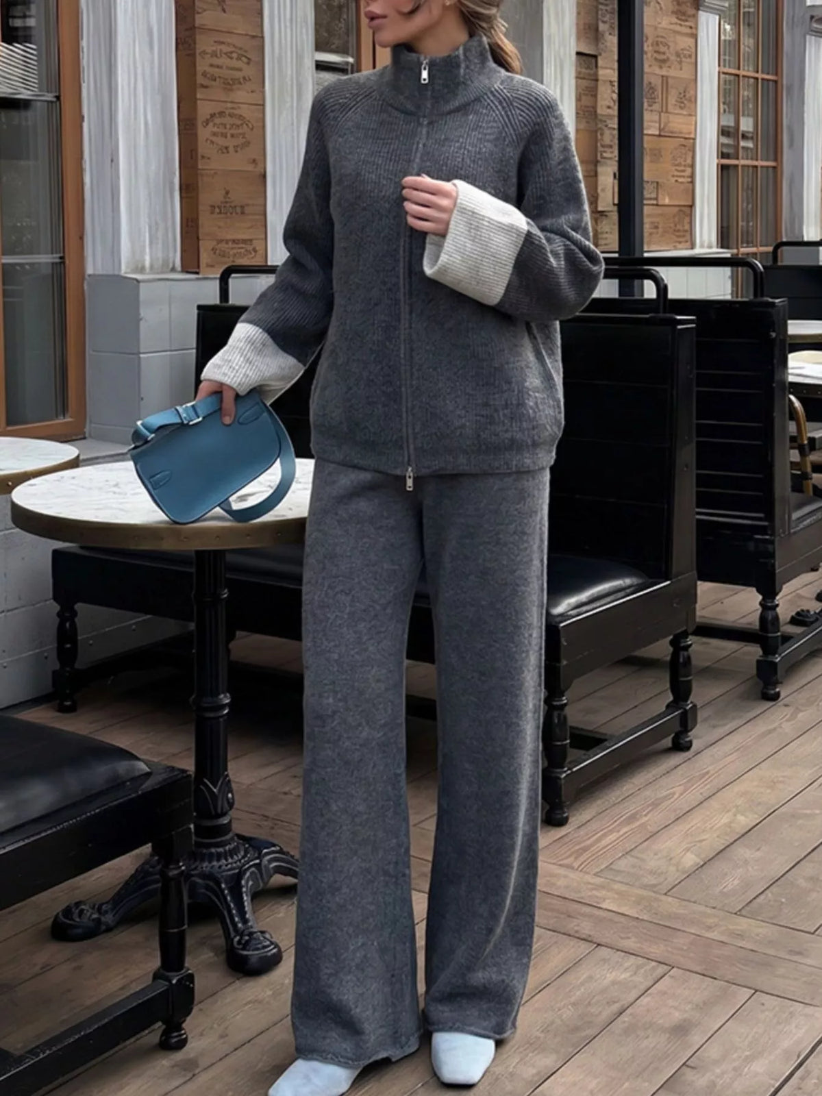 Zip-Up Contrast Cuff Cardigan and Pants Sweater Set