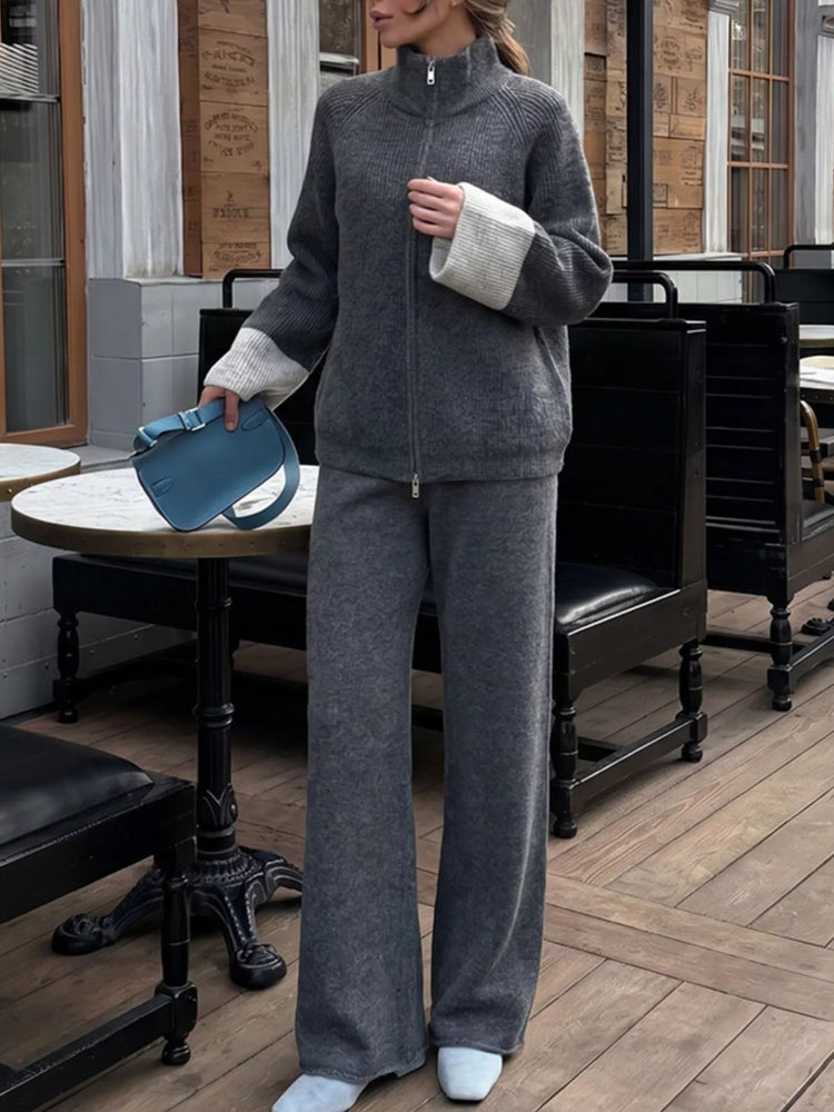 Zip-Up Contrast Cuff Cardigan and Pants Sweater Set