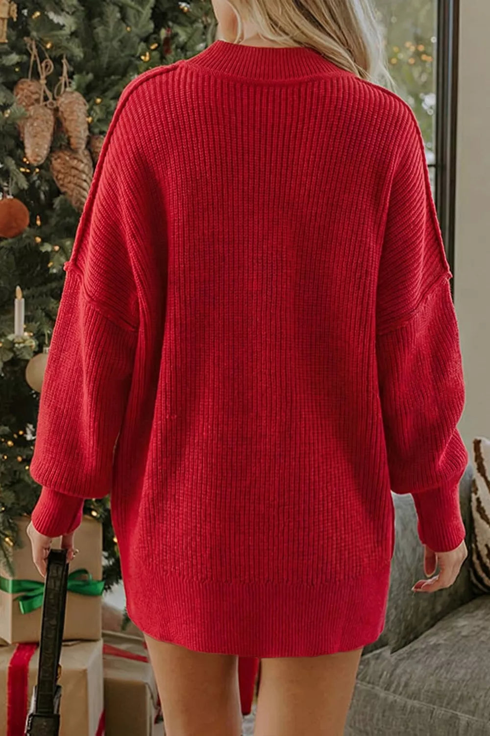 Long Sleeve Ribbed Knit Stand Neck Regular Fit Sweater