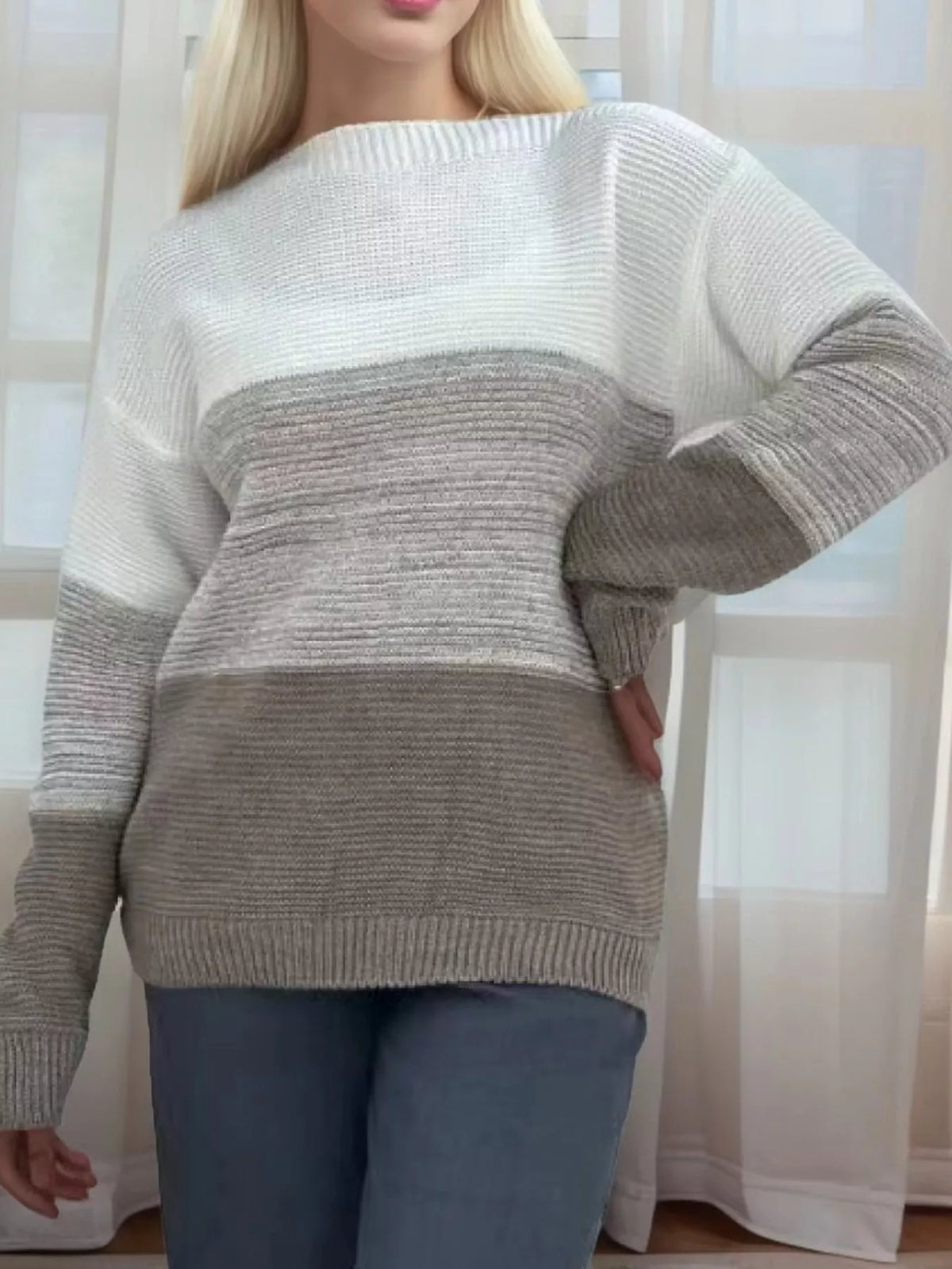 Full Size Color-Block Boat Neck Sweater Plus Size
