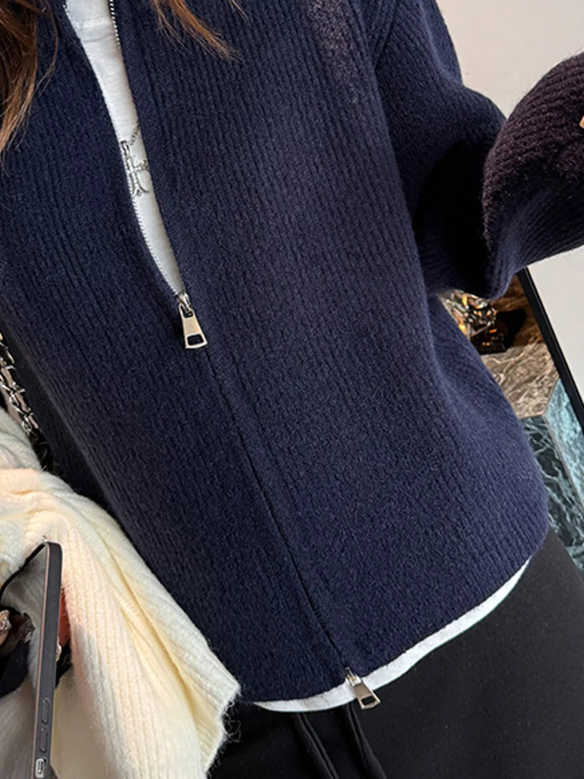 Zip Up Dropped Shoulder Cardigan