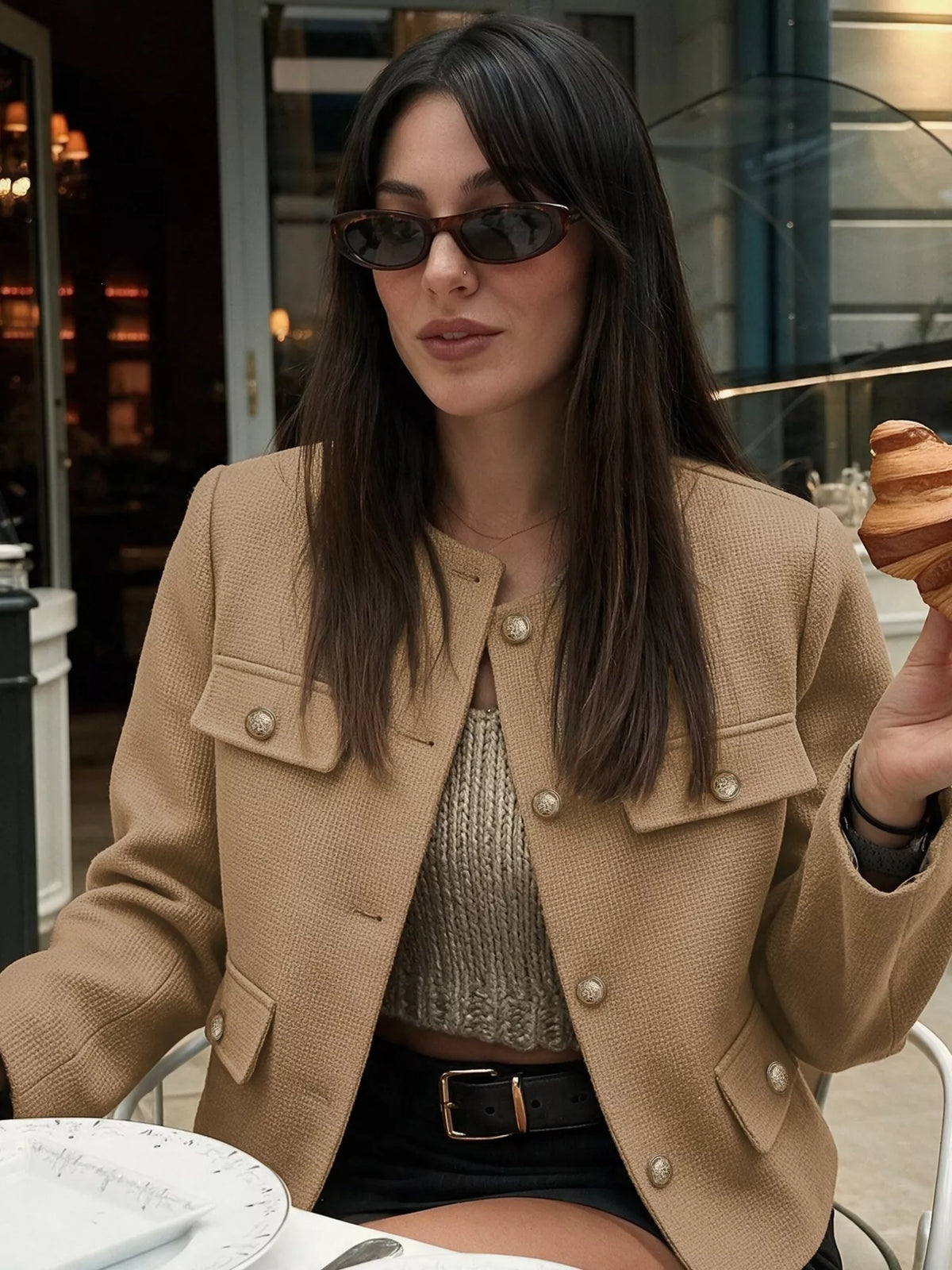 Textured Cropped Jacket with Gold-Tone Button