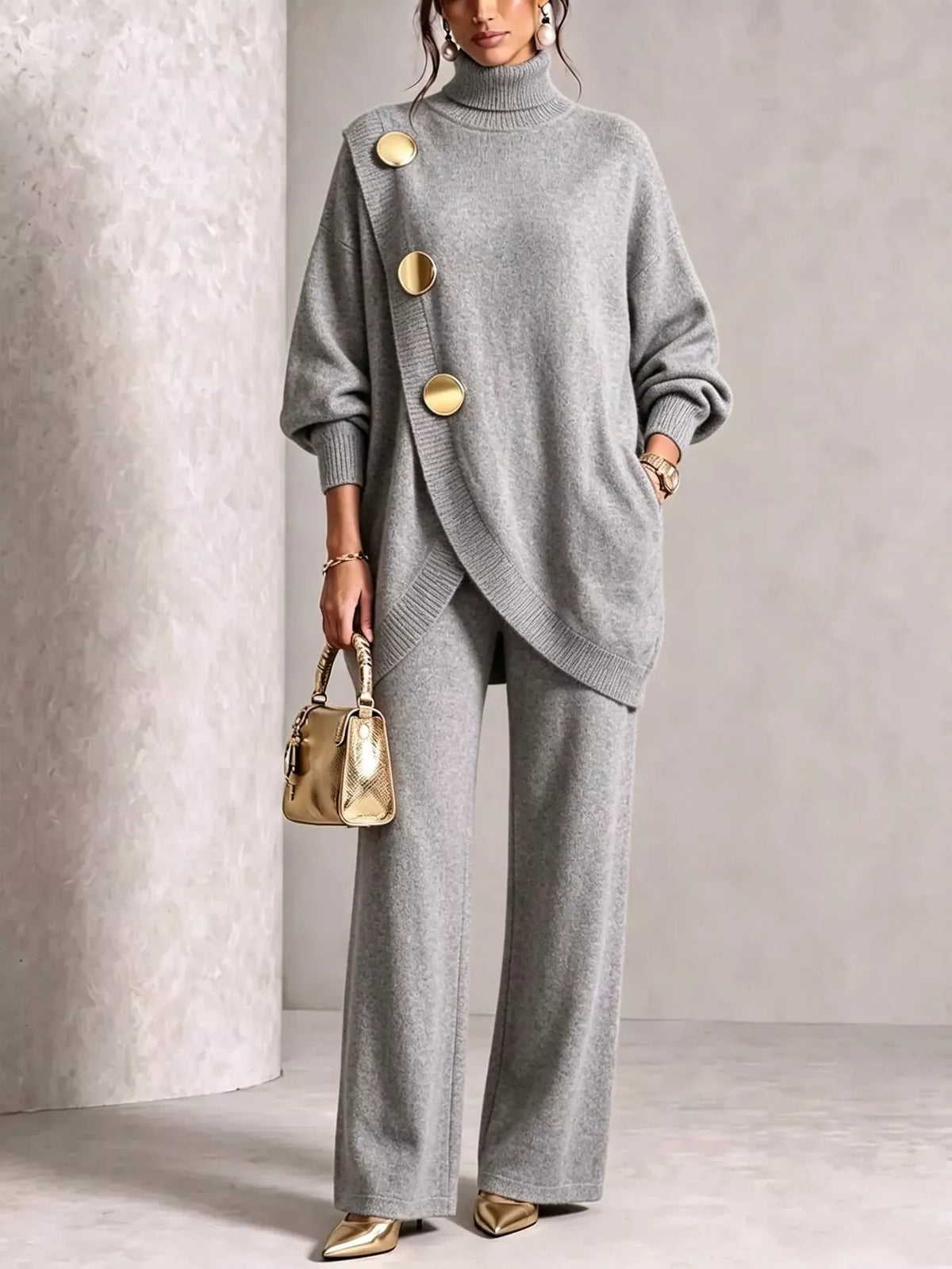 Gold Button Accent Turtleneck Sweater and Pants Set