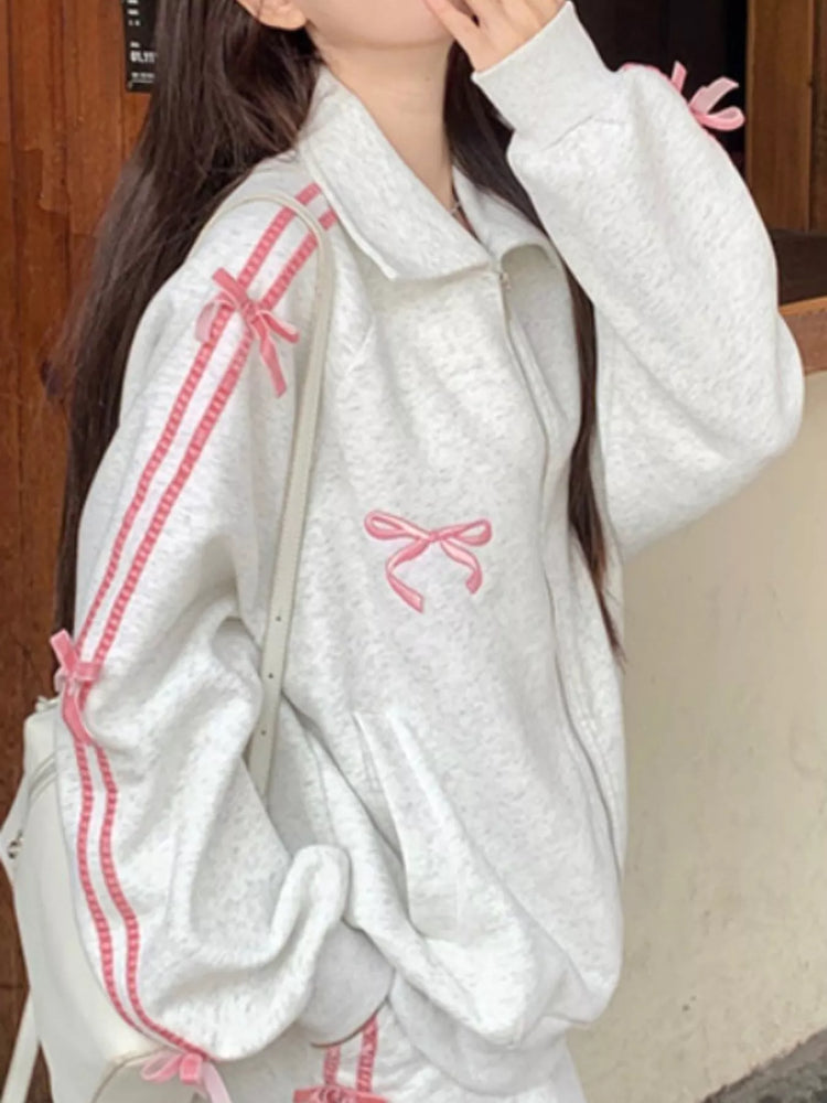 Bow Embroidered Zip-Up Sweatshirt