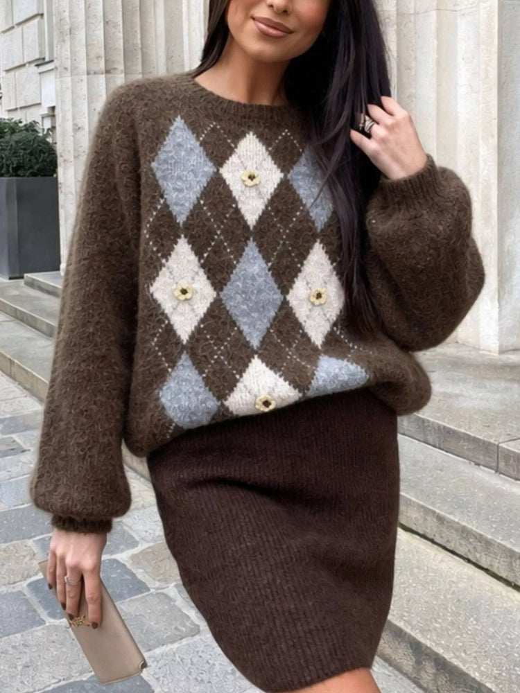 Argyle Pattern Raglan Sleeve Sweater