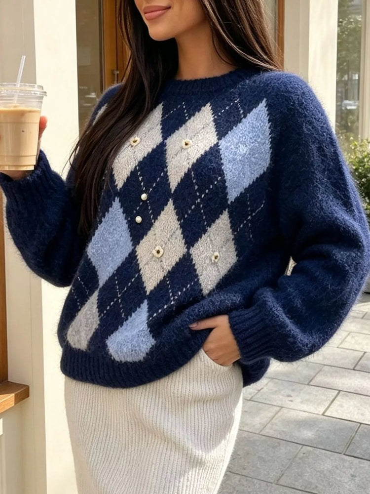 Argyle Pattern Raglan Sleeve Sweater