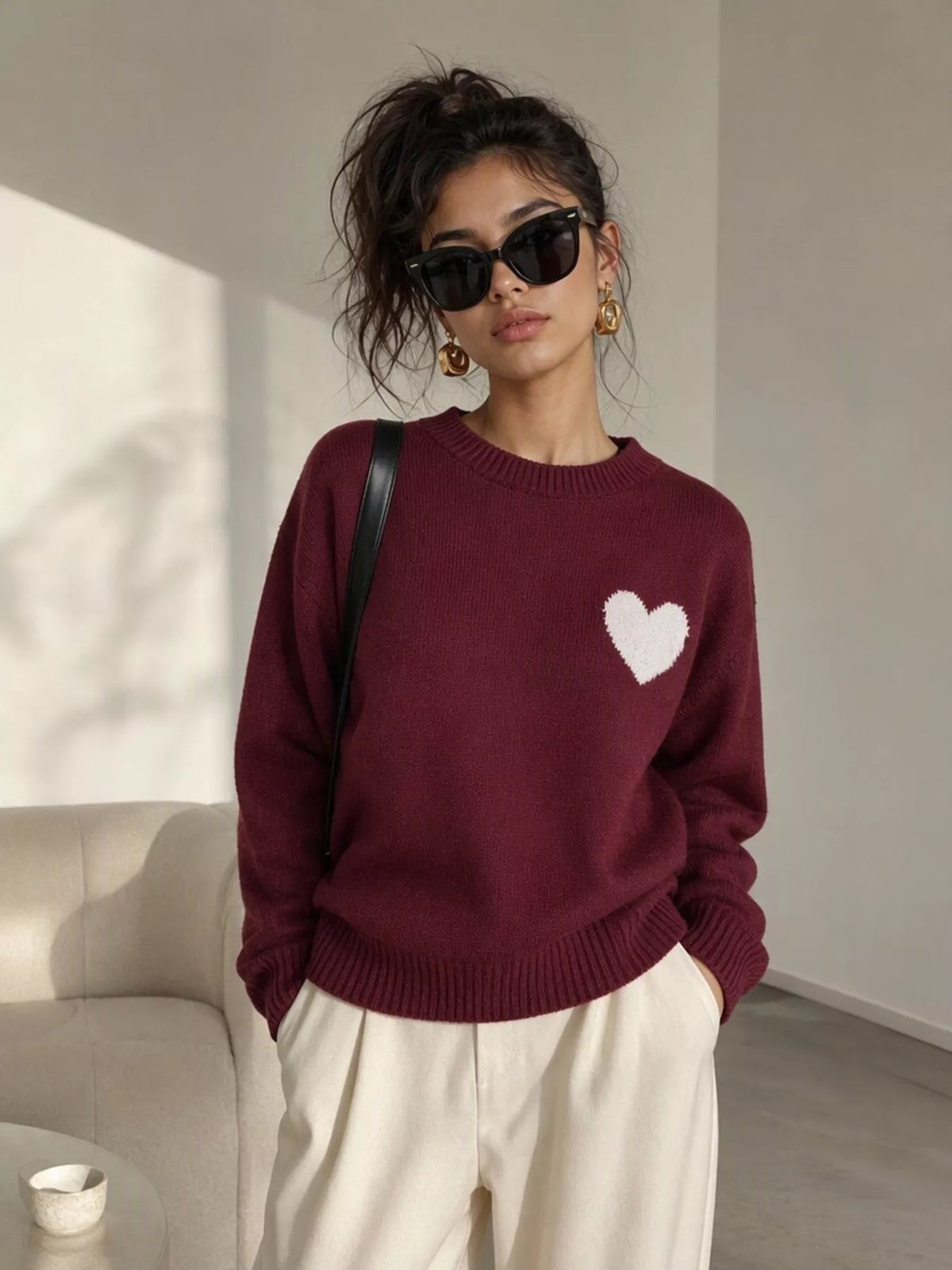 Heart Pattern Round Neck Sweater
