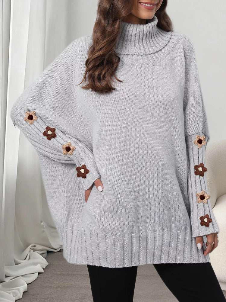 Oversized Turtleneck Sweater with Floral Applique Sleeves