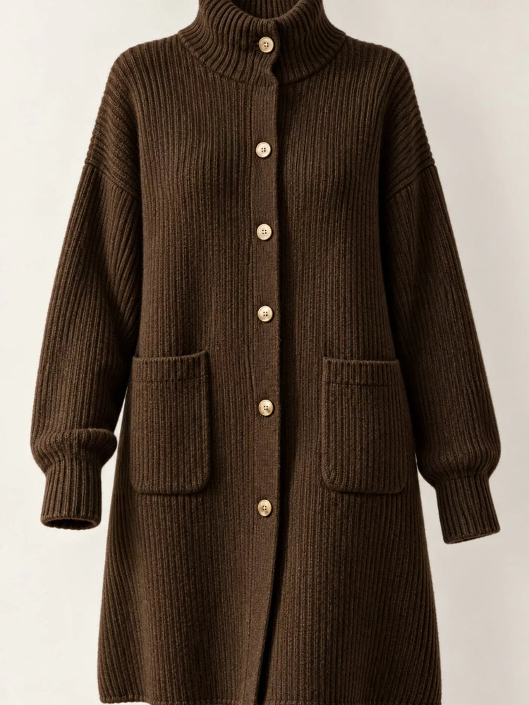 Ribbed Knit Turtleneck Button Up Longline Cardigan