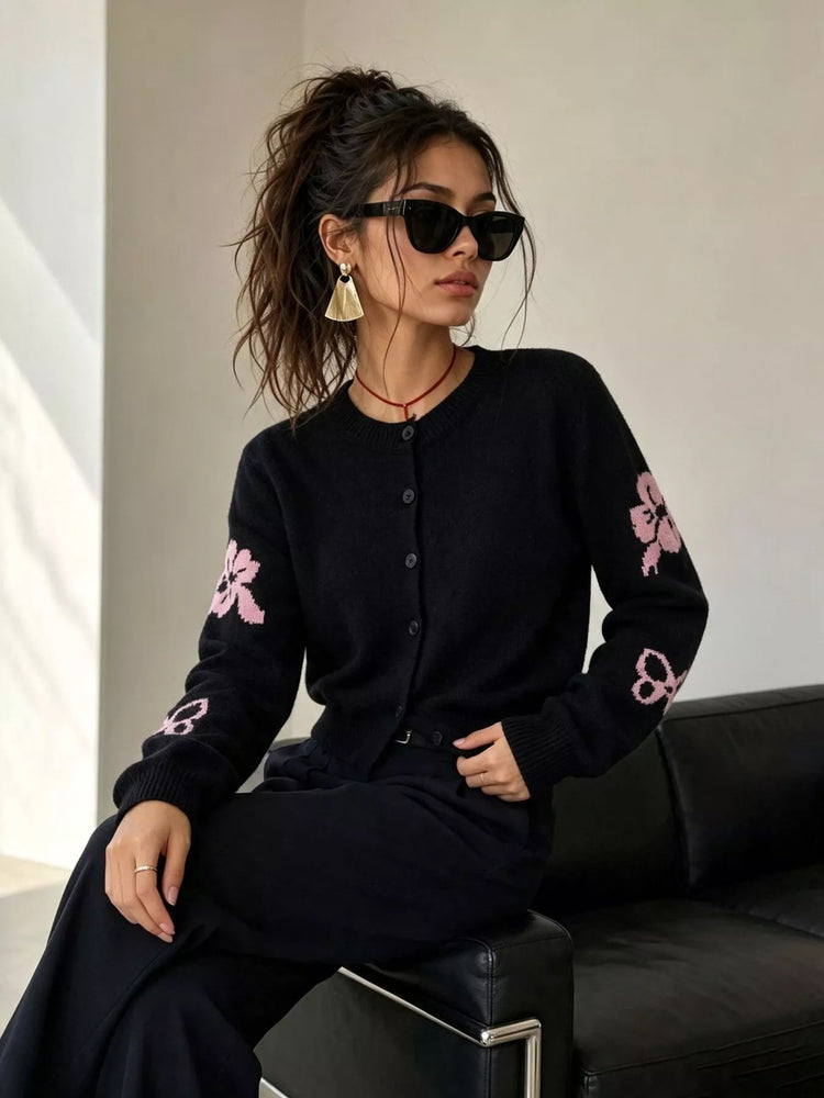 Floral Crew Neck Cropped Knit Cardigan