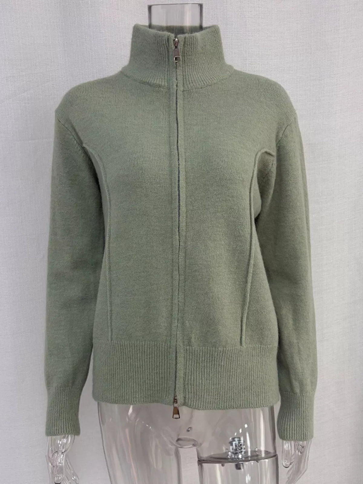 Zip-Up Mock Neck Cardigan and Matching Midi Skirt Sweater Set