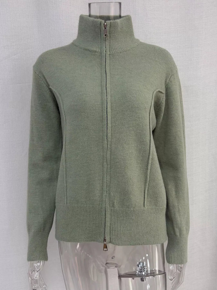 Zip-Up Mock Neck Cardigan and Matching Midi Skirt Sweater Set